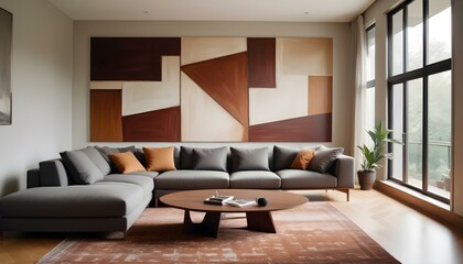 Fototapeta premium A spacious modern house interior featuring a minimalist design with large windows allowing natural light, a sleek gray sofa with geometric patterns, wooden flooring, and a painting on the wall, with n