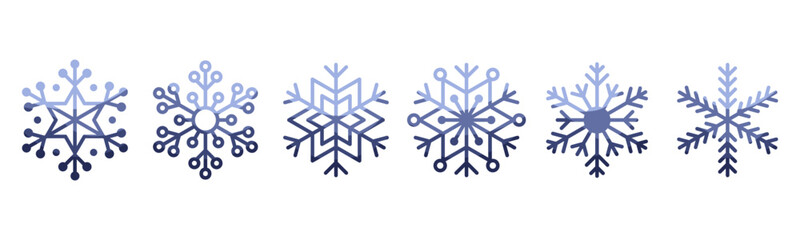 Collection of icons in the form of snowflakes in blue gradient. Set of linear icons of snowflakes of different shapes on a white background. Clip art for the design of New Year and Christmas designs.