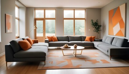 Fototapeta premium A spacious modern house interior featuring a minimalist design with large windows allowing natural light, a sleek gray sofa with geometric patterns, wooden flooring, and a painting on the wall, with n