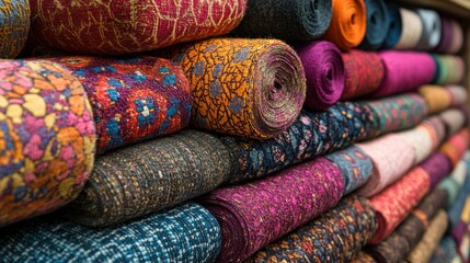 Colorful rolls of fabric stacked neatly for textile use.