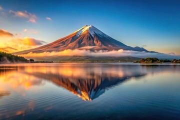 Volcanic mountain reflecting in lake during morning light with a long exposure extreme close-up