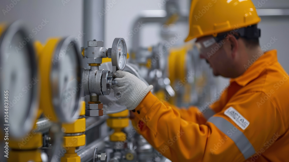 Poster worker examining valves and gauges in facility, ensuring proper function and safety. focus is on pre