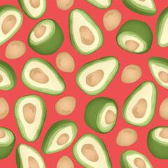 Seamless pattern with hand drawn avocado slice on red background. Design for fabric, kitchen decor, wallpaper.