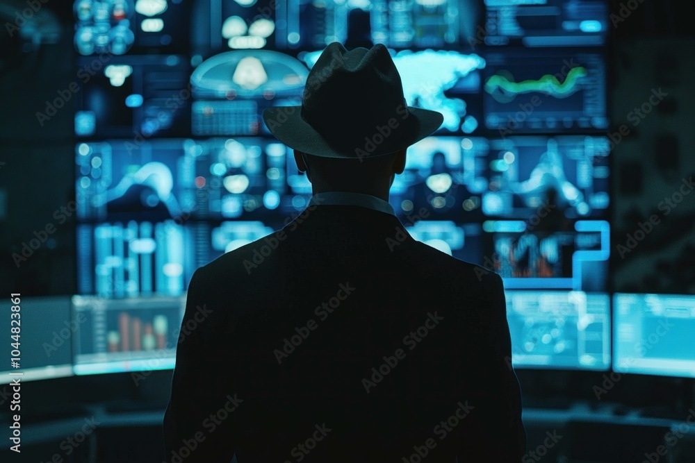 Poster businessman wearing a hat standing in a dark room looking at multiple screens with analytics data