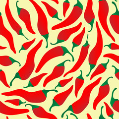 Seamless pattern with hand drawn red chili pepper on yellow background. Design for fabric, kitchen decor, wallpaper packaging paper.
