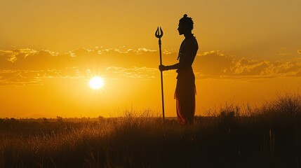 Silhouette of Hindu God Holding Trishul at Sunset