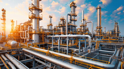 Aerial view of large refinery complex with numerous pipes and industrial structures under vibrant sky. scene captures intricate design and scale of facility, evoking sense of industrial power and