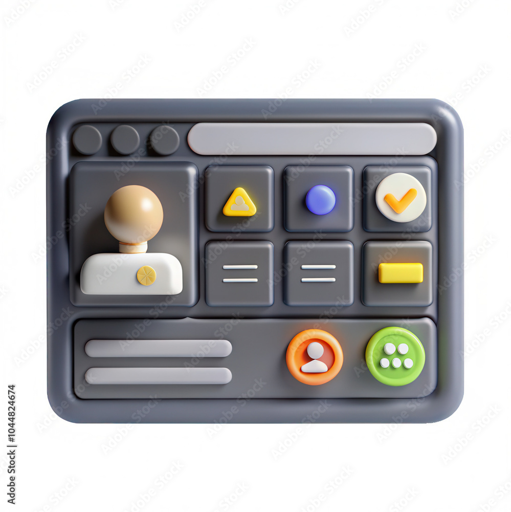 Poster a colorful 3d button panel featuring various icons and controls, suitable for a user interface desig