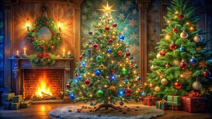 A Festive Gathering Around a Majestic Christmas Tree Adorned with Sparkling Lights and Colorful Ornaments, A Warm Fire Crackles in the Hearth, Gifts Await Underneath