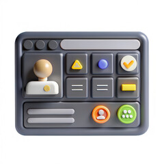 A colorful 3D button panel featuring various icons and controls, suitable for a user interface design. It highlights multiple interactive elements.