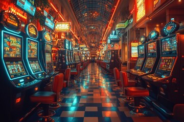 A lively slot machine area in a bustling casino. Generative AI