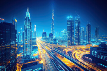 Fototapeta premium Nighttime view of skyscrapers and traffic