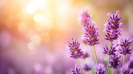 Fototapeta premium Lavender Flowers Blooming in Sunlight Purple Blooms Bokeh Background