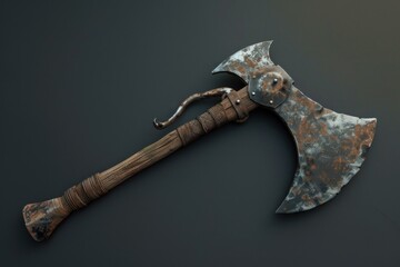 Rusty fantasy axe with a double headed blade is resting on a dark background
