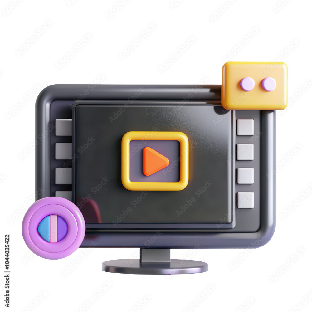 Poster a colorful 3d model of a video playback interface, featuring a monitor with play icons and buttons, 