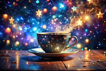 Fototapeta premium Starry Galaxy Cup on Sparkling Table - Architectural Photography of a Celestial Design with Lights and Sparkles for Captivating Interior Decor