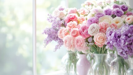 Obraz premium A beautiful arrangement of pastel roses and lilacs in elegant vases, perfect for adding charm to any indoor space.