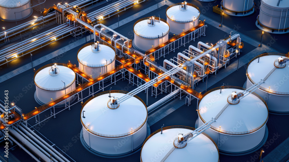 Poster aerial view of intricate network of pipes and storage tanks, showcasing complexity of industrial inf