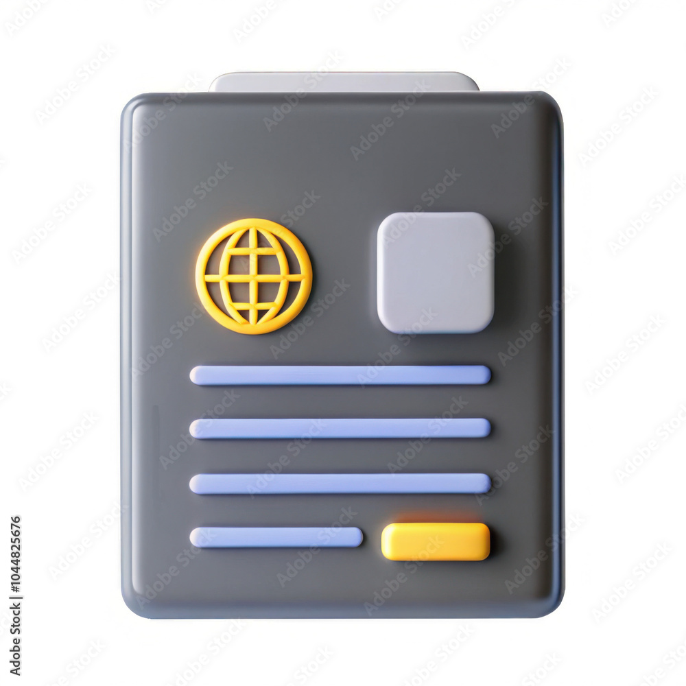 Poster a 3d render of a stylized document featuring a globe icon and various colored elements, showcasing a