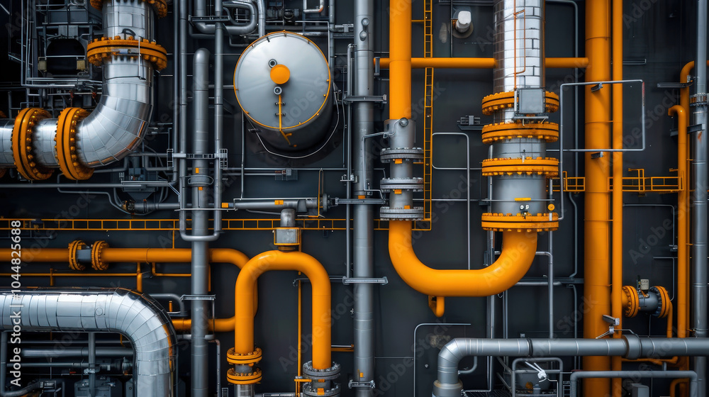 Poster intricate network of pipes and tanks in modern industrial setting, showcasing blend of metallic and 