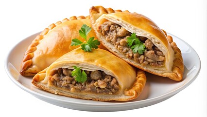 Golden Brown Pastries Filled with Savory Ground Meat, Garnished with Fresh Parsley on a White Plate