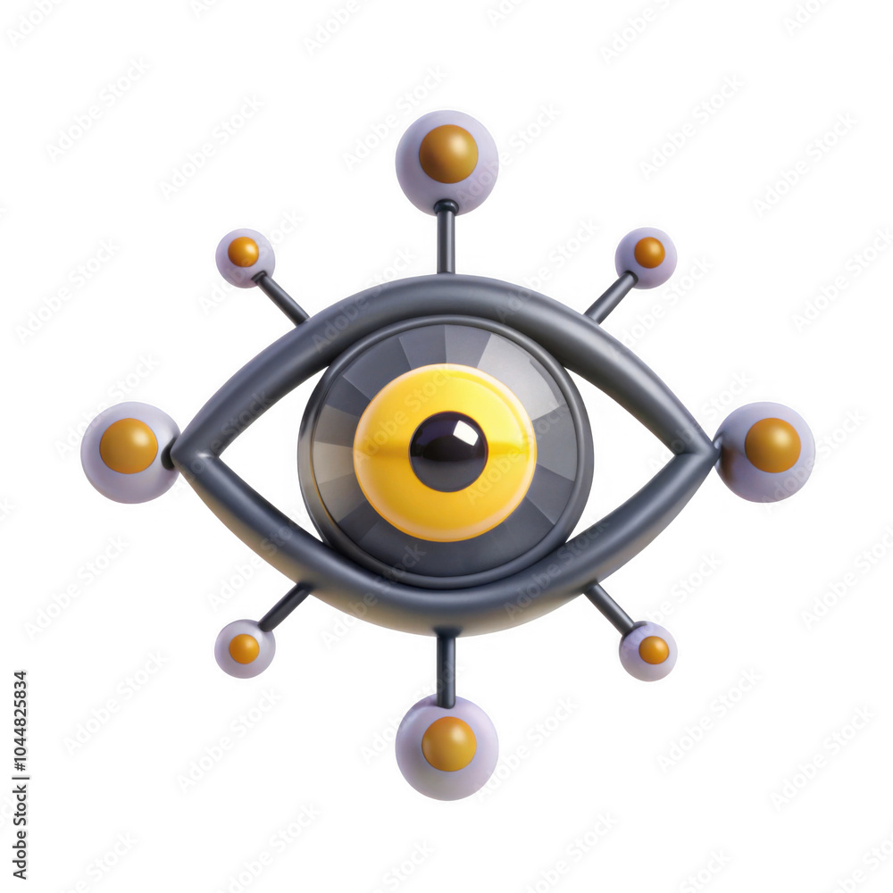 Aufkleber this image features a stylized 3d eye design surrounded by various orbs, symbolizing perception and 