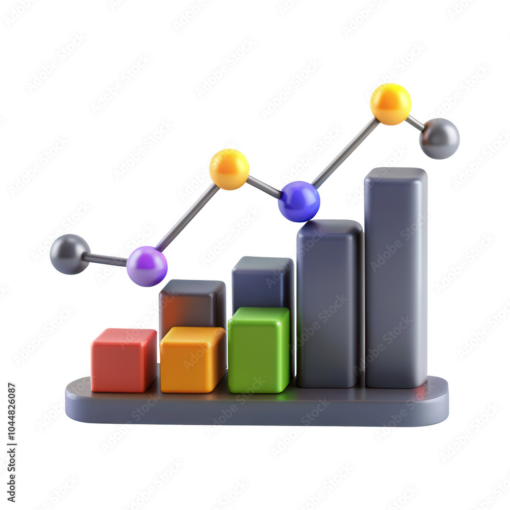 Aufkleber This image showcases a colorful 3D graph model consisting of various bar shapes and connecting data points, ideal for representing statistical data.
