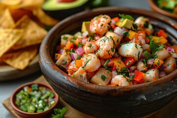 A dish of ceviche, featuring a mix of shrimp and fish marinated in lime juice, mixed with diced tomatoes, onions, cilantro, and avocado, served with crispy tortilla chips.