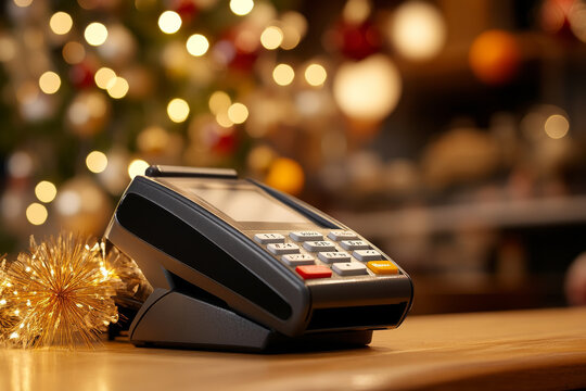 A payment terminal sits on wooden table, surrounded by festive decorations and beautifully lit Christmas tree in background, creating warm holiday atmosphere