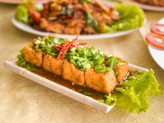 Fried tofu drizzled with sweet and savory spicy sauce. Served on a white plate with lettuce as a complement. Perfect for menu, catalogue, advertising or commercial use