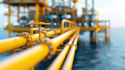 Offshore oil rig with yellow pipelines extending into ocean, showcasing industrial infrastructure and technology. scene conveys sense of energy and innovation