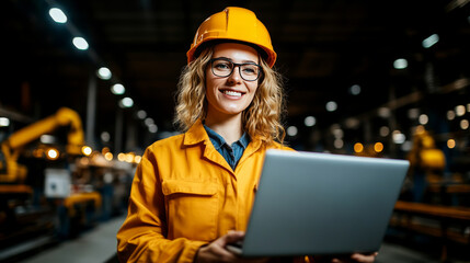 A smiling woman in yellow safety jacket and hard hat is using laptop in an industrial setting, showcasing confidence and professionalism
