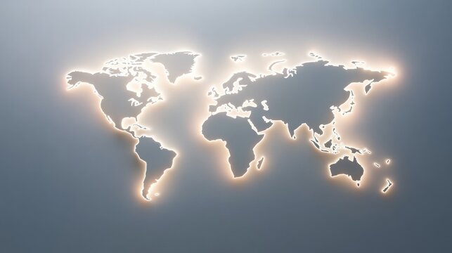 Fototapeta A glowing outline of the world map on a grey background.