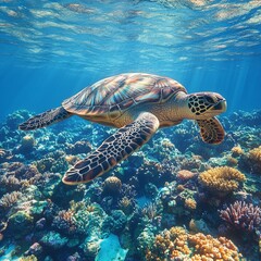 Obraz premium Dive Into A Vibrant Underwater World With This Turtle