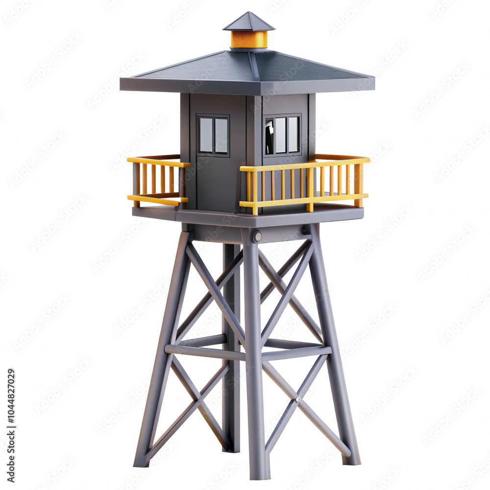 Aufkleber a detailed 3d render of a wooden watchtower with a peaked roof and colorful balcony. this model is s