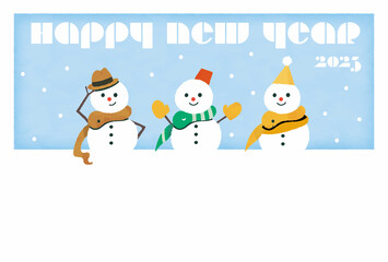 へびのマフラーと雪だるまの年賀状2025