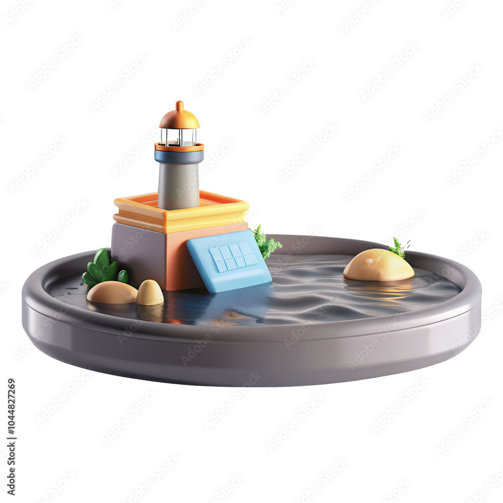 Aufkleber a 3d render of a colorful lighthouse model on a circular base with water, rocks, and greenery, creat