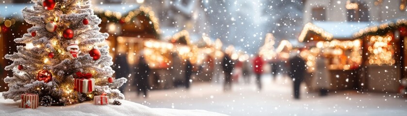 Fototapeta premium A charming winter scene featuring a decorated Christmas tree and festive market stalls under a gentle snowfall.