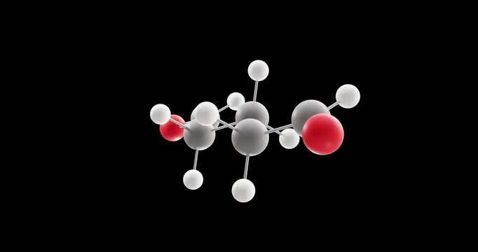 Glutaraldehyde molecule, rotating 3D model of crosslinking agent, looped video on a black background