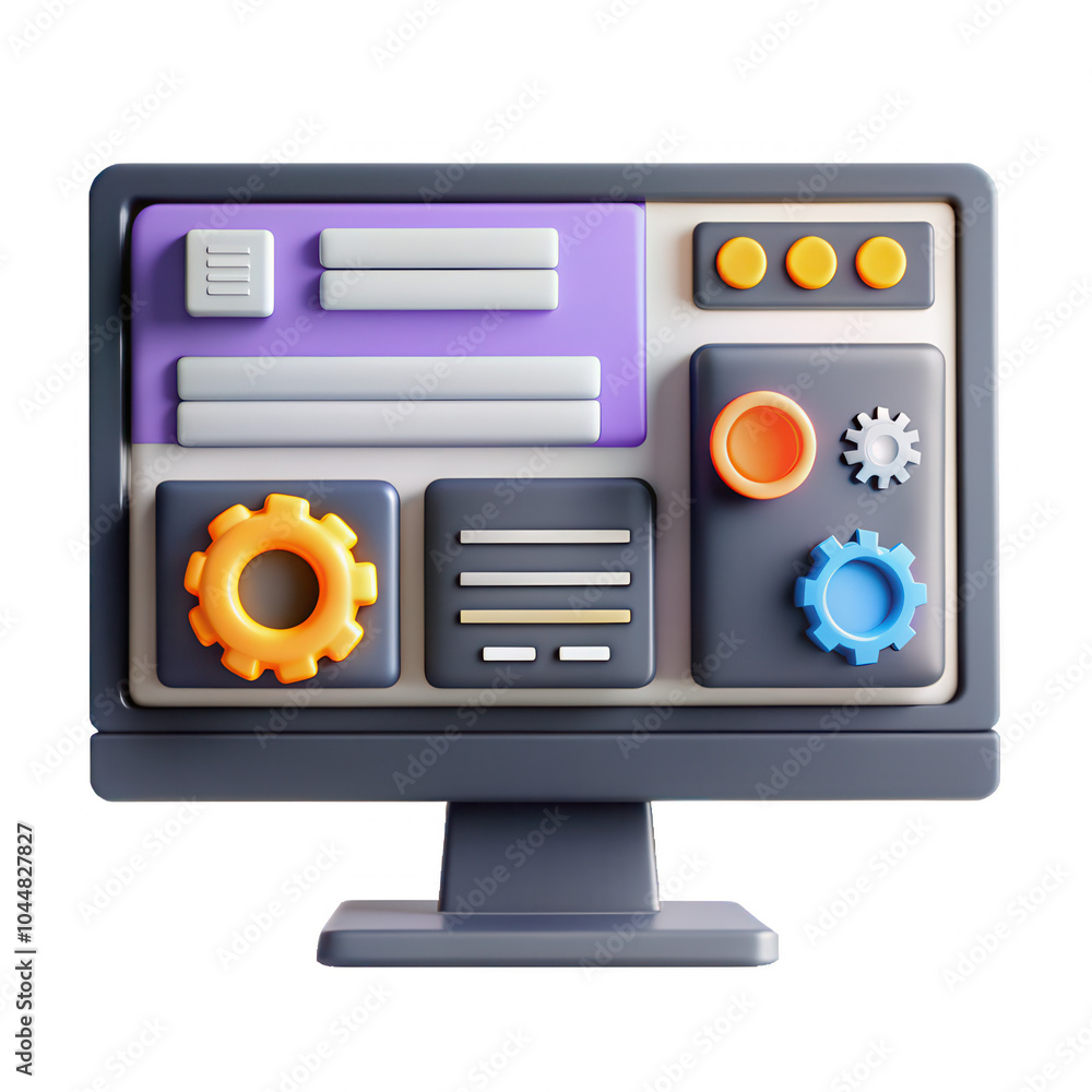 Poster a colorful 3d computer monitor model featuring various control buttons and gears, created for a mode