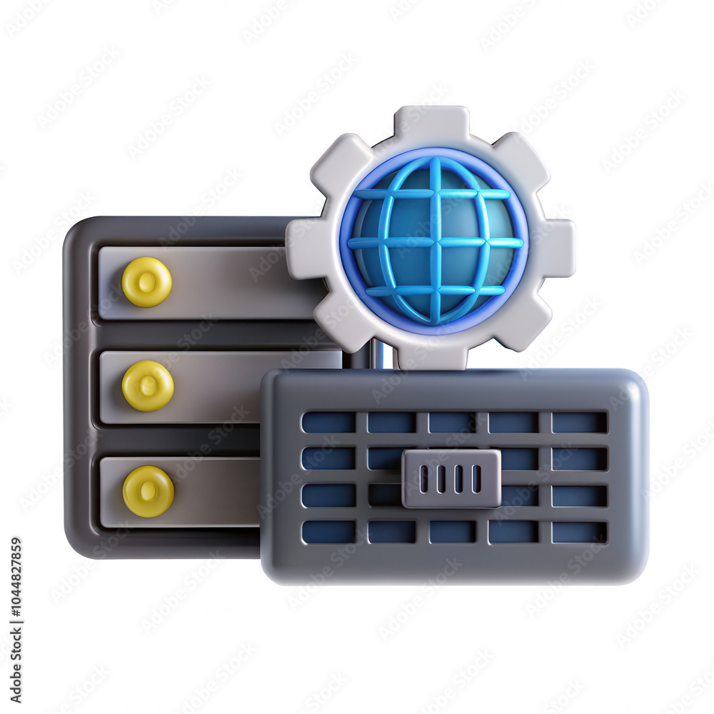 Fototapete a 3d icon representing a server with a globe and gear design, symbolizing technology and networking,