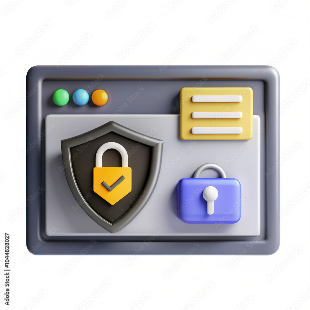 Poster a 3d render of a secure browser interface featuring a shield with a lock symbol, representing safety
