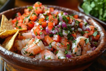 A dish of ceviche, featuring a mix of shrimp and fish marinated in lime juice, mixed with diced tomatoes, onions, cilantro, and avocado, served with crispy tortilla chips.