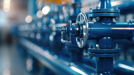 Close up of complex valve system in petrochemical facility, showcasing intricate details and industrial design. blue pipes and valves highlight engineering involved in fluid control