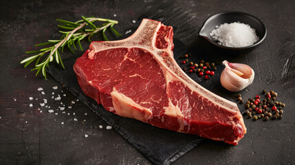 Fresh T bone steak with salt, pepper, garlic, and rosemary on dark background. This raw meat is perfect for grilling or roasting, showcasing rich marbling and vibrant color