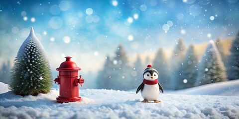 Obraz premium A Festive Winter Scene with a Snowy Pine, Red Fire Hydrant, and a Cheerful Penguin Standing Proudly in a Winter Wonderland