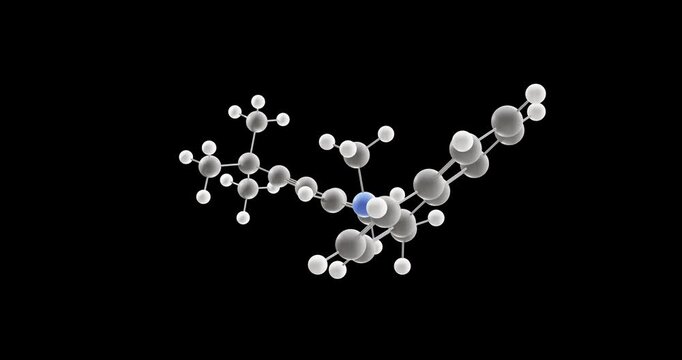 Terbinafine molecule, rotating 3D model of antifungal medication, looped video on a black background