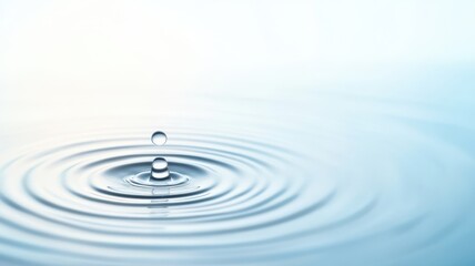 A close-up of a water droplet creating ripples in calm water, evoking serenity and tranquility in a minimalist setting.