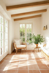 A bright and airy interior featuring cozy rattan chair, potted plant, and warm terracotta tiles. Sunlight streams through large windows, creating serene atmosphere