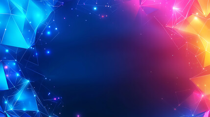 Futuristic abstract design with colorful low-poly triangles, vibrant blue, pink, and orange hues, glowing digital particles